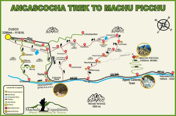 Ancascocha Trek to Machu Picchu Map - Inca Quarry Trail